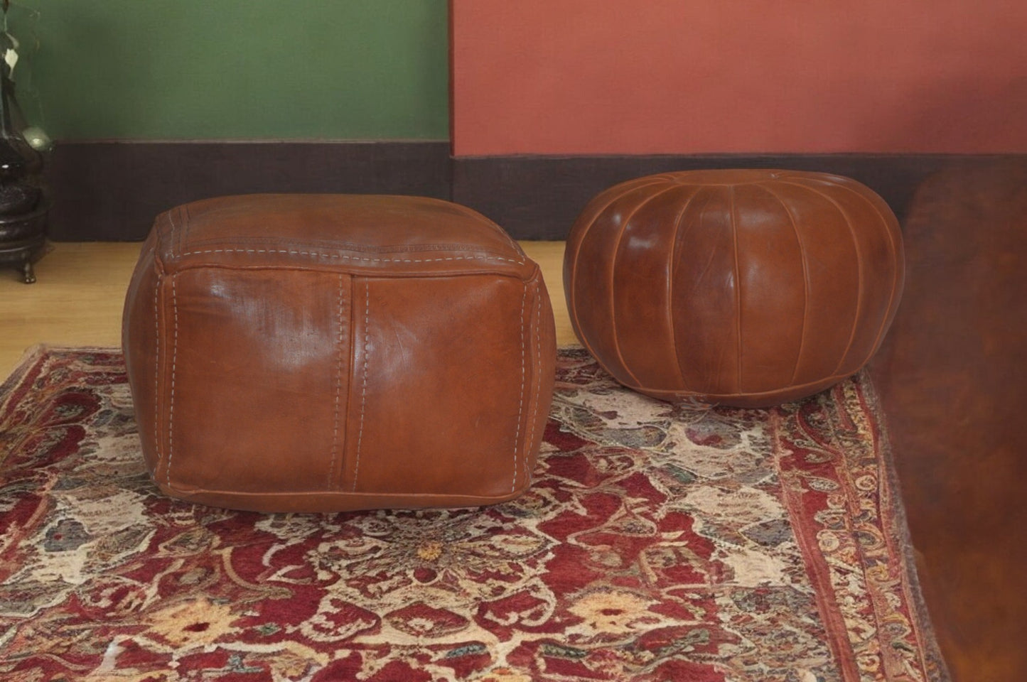 Vintage Moroccan Leather Pouf Set