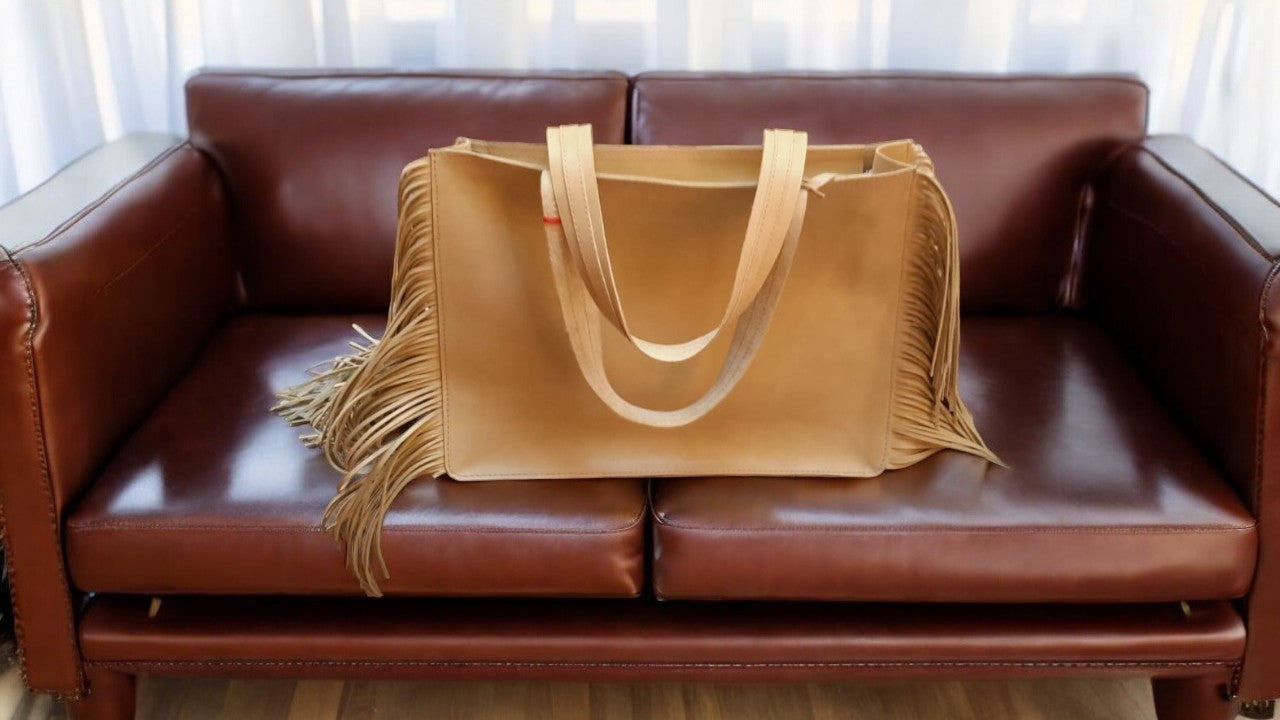 Beige Leather Fringe Tote Bag