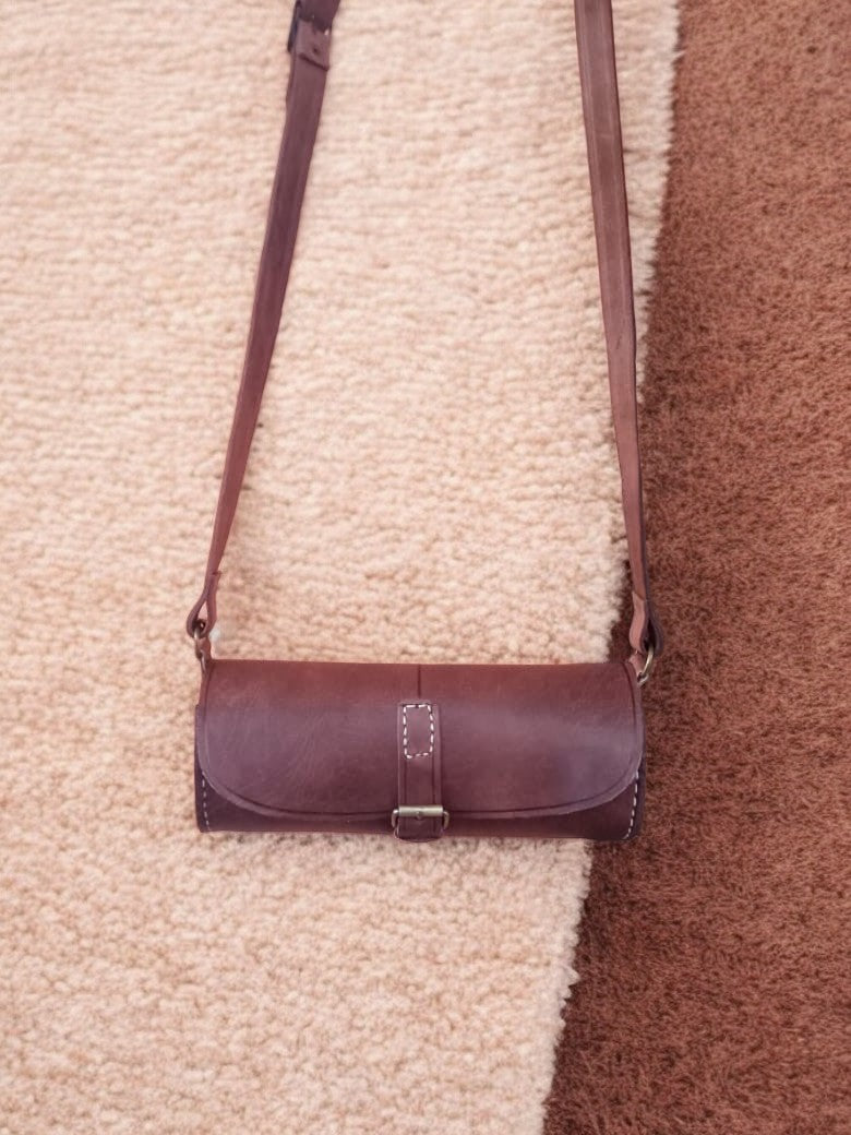 Brown Leather Cylindrical Crossbody Bag